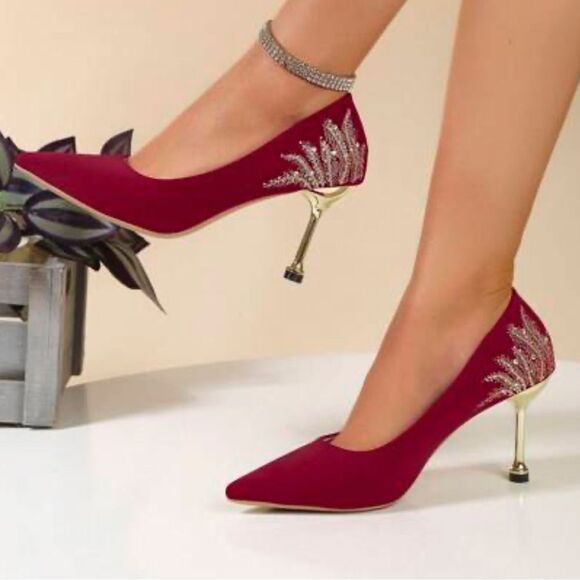 Liguannoxie 41 (8-8.5) Red Gold Tone Lurex Feather Embellished Heeled Pumps - Picture 2 of 14
